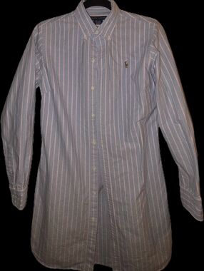 Ralph Lauren Women’s Blue Shirt Dress with Pink & White Stripes Button-Down